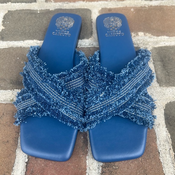 Vince Camuto Shoes - Vince Camuto Alanina Blue Denim Frayed Fringe Square Toe Flat Slides Mules 10